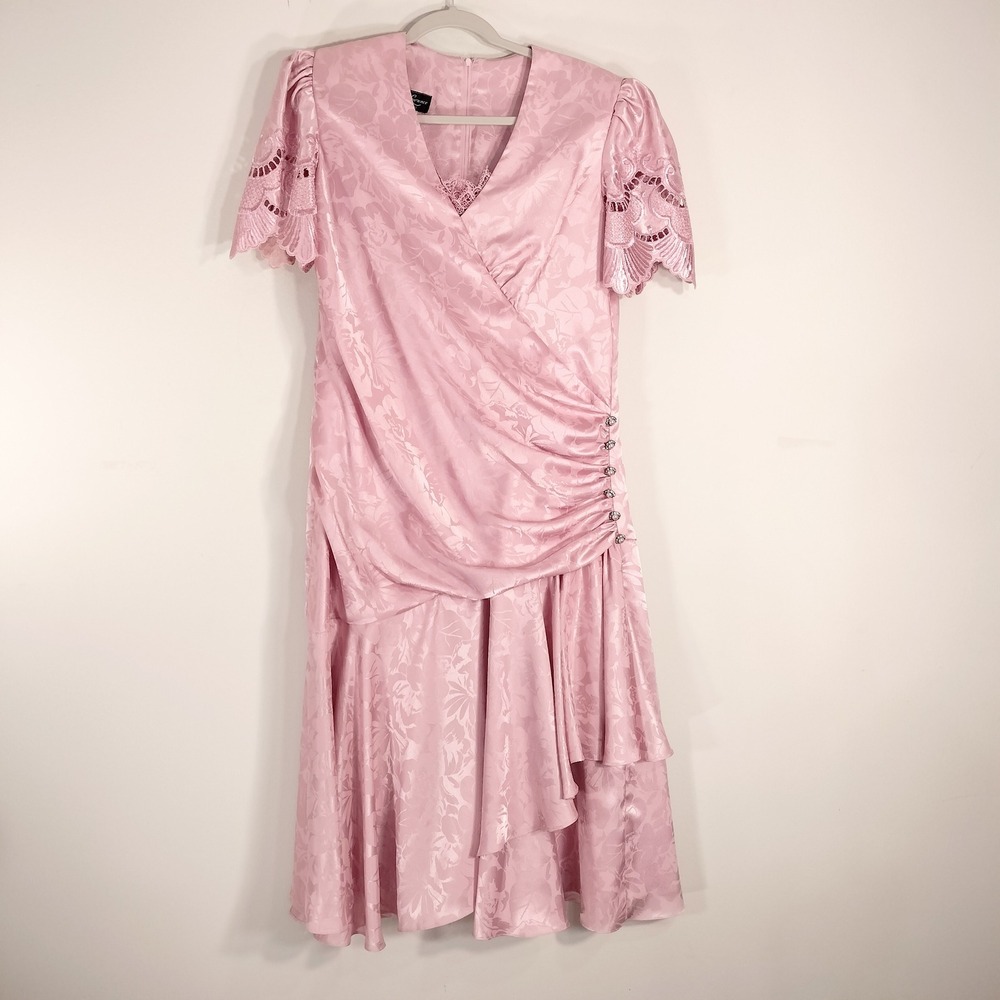 Karen Lawrence Vintage 80s Pink Dress; Pink Floral Lace Short Sleeve Drop Waist